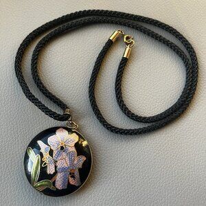 Cloisonne Flower Reversible Round Pendant Necklace Black Enamel Braided Cord
